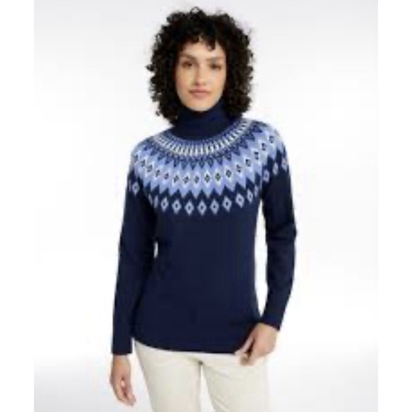 L.L.Bean Sweaters - L.L. Bean Women's Navy Fair Isle Cotton Cashmere Turtleneck Sweater Medium $80